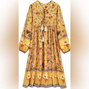 R.Vivimos long sleeve floral print retro v-neck tassel bohemian midi dress.